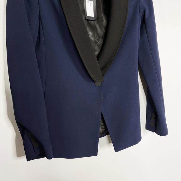 New LAVEER Womens Size 0 Navy Blue Black Tux Blazer Shawl Collar Single Button - Picture 4 of 12